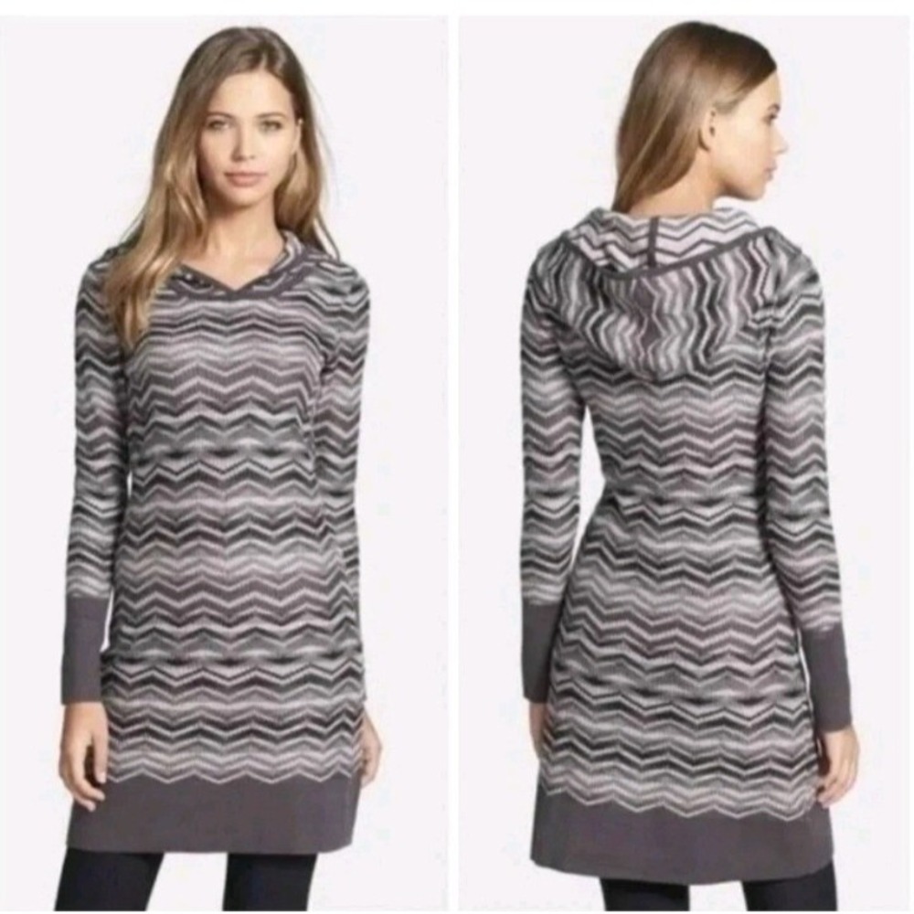 Prana Meryl Sweater Dress Hooded Chevron Women Size Large Long sleeves Cozy